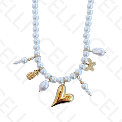 钢项链 - 带吊坠的圆形珍珠