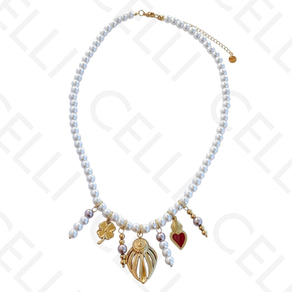 不锈钢项链 - 圆形珍珠带吊坠