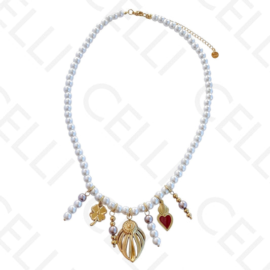 Colar de aço - pérolas redondas com pendentes