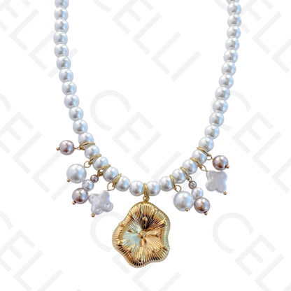 Colar de aço - pérolas redondas com pendentes