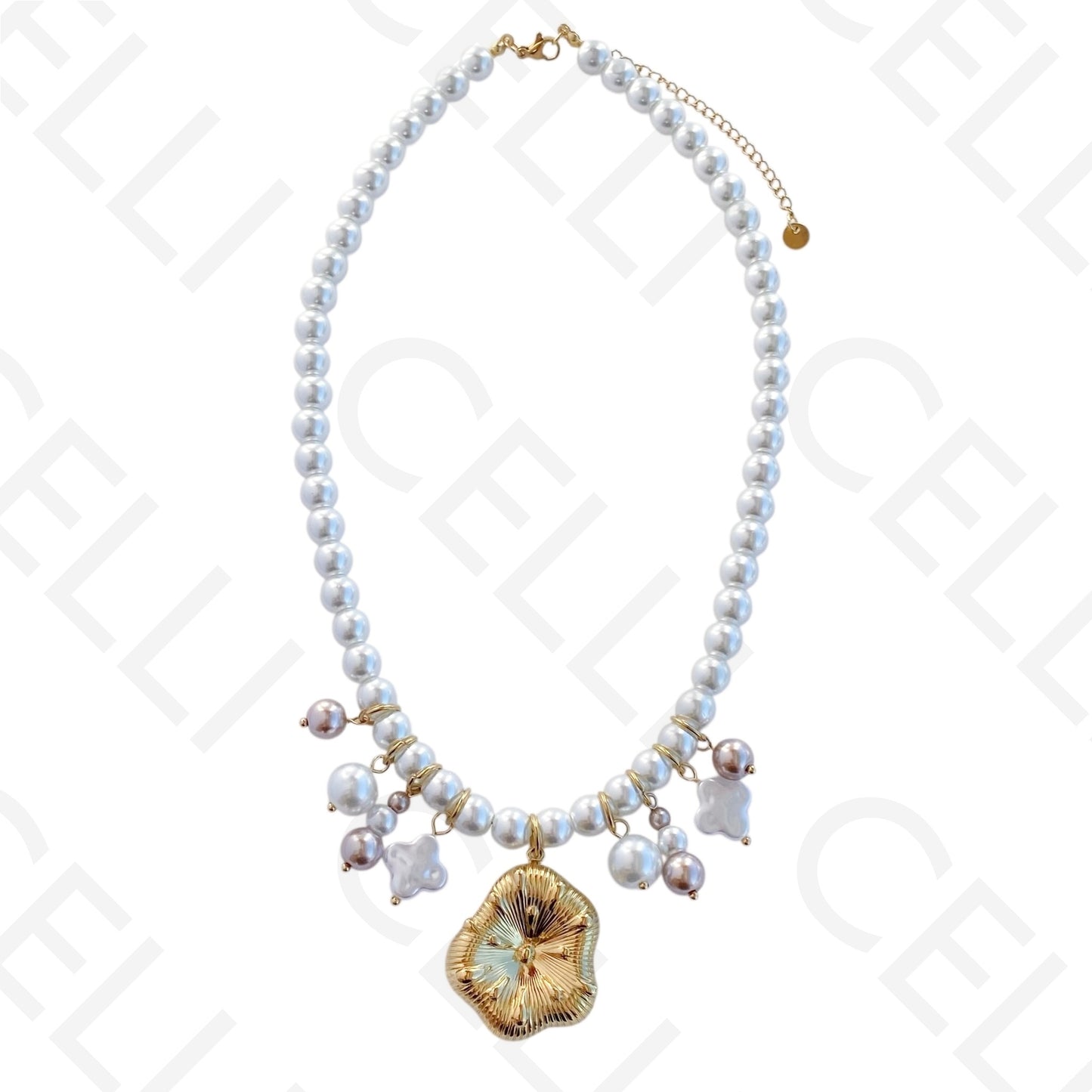 Colar de aço - pérolas redondas com pendentes