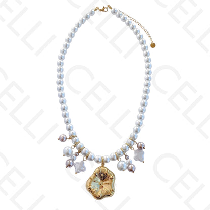 Colar de aço - pérolas redondas com pendentes