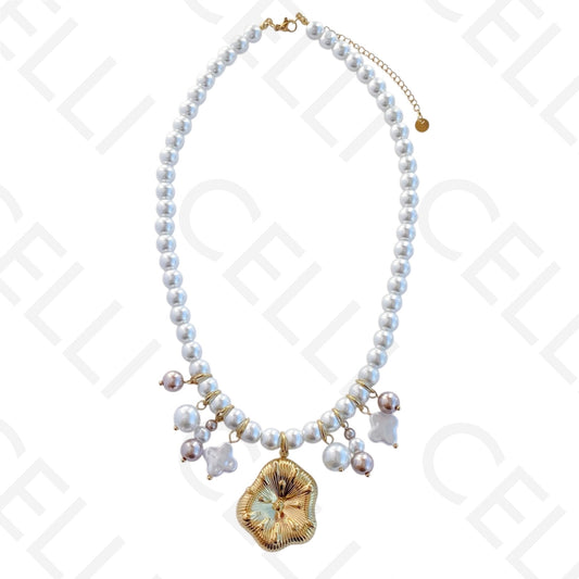 Colar de aço - pérolas redondas com pendentes