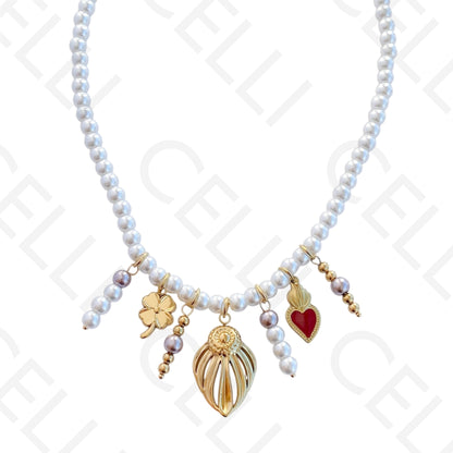 不锈钢项链 - 圆形珍珠带吊坠