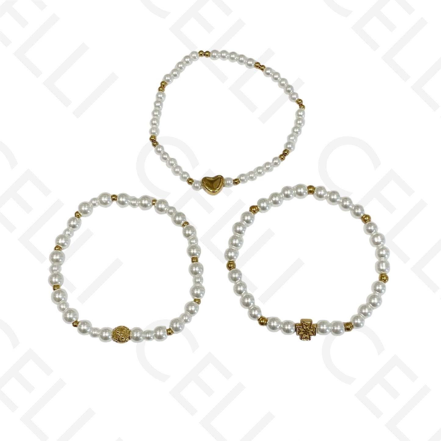 Pulseira de aço elástica- pérolas (conjunto de 3)