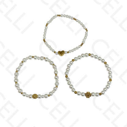 Pulseira de aço elástica- pérolas (conjunto de 3)