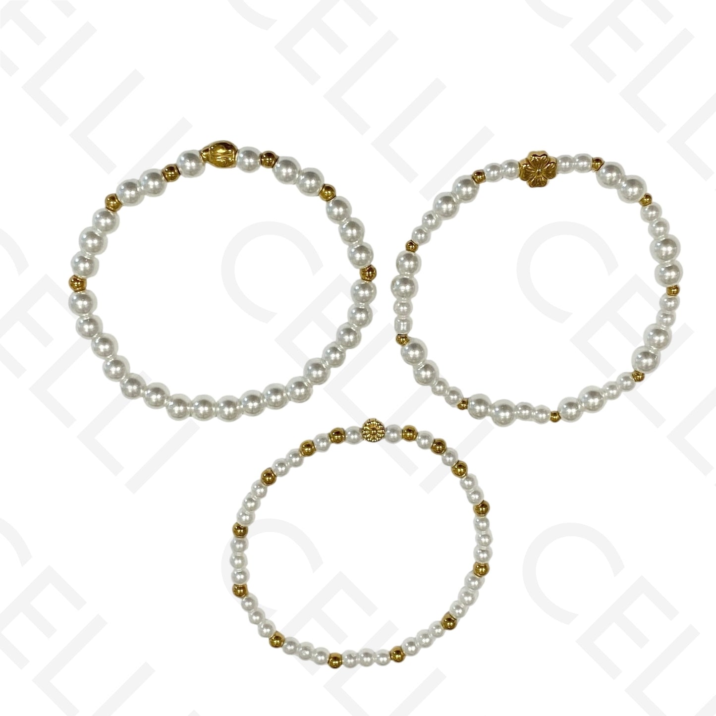 Pulseira de aço elástica- pérolas (conjunto de 3)