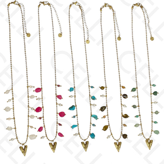 Colar de aço - pedras coloridas, coração