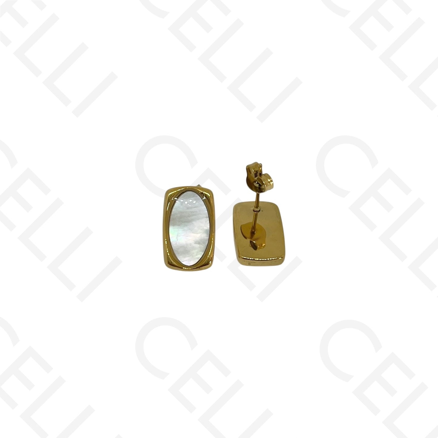 Steel earring - rectangular with oval mother-of-pearl