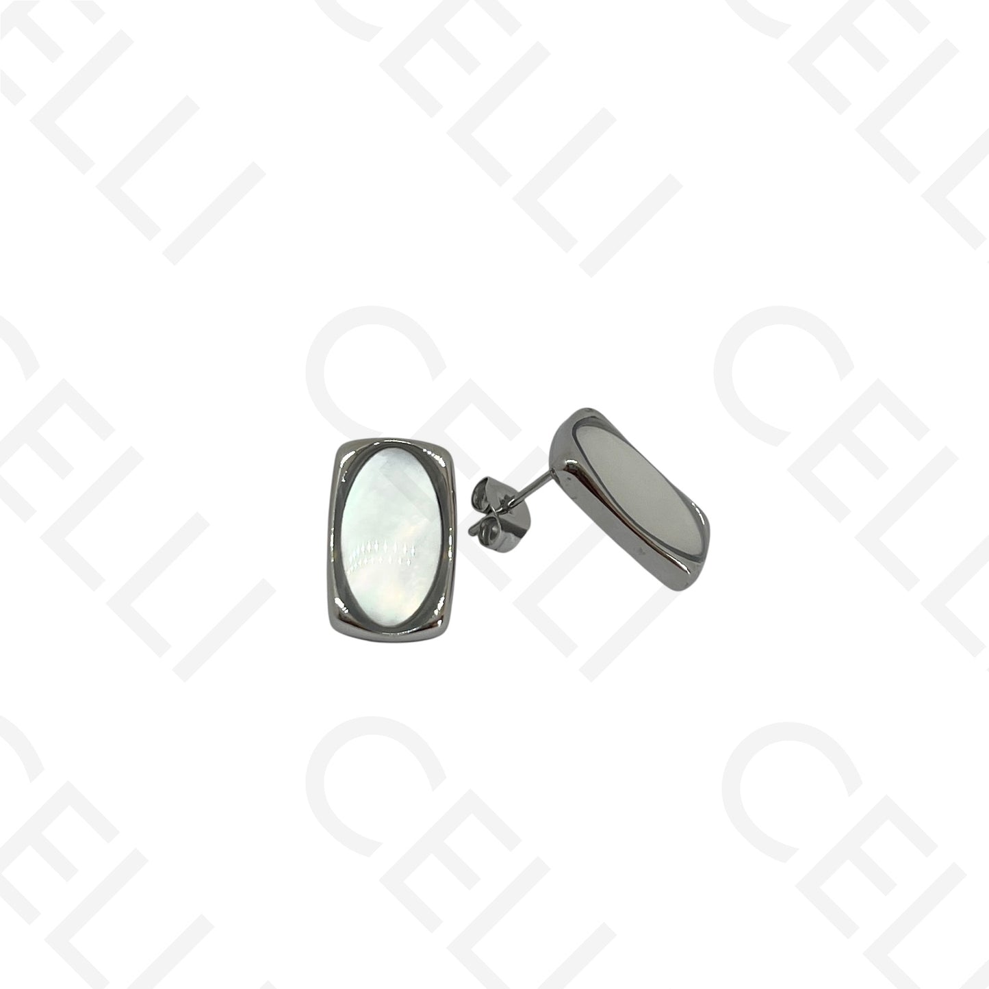 Steel earring - rectangular with oval mother-of-pearl