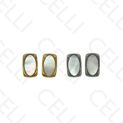 Steel earring - rectangular with oval mother-of-pearl