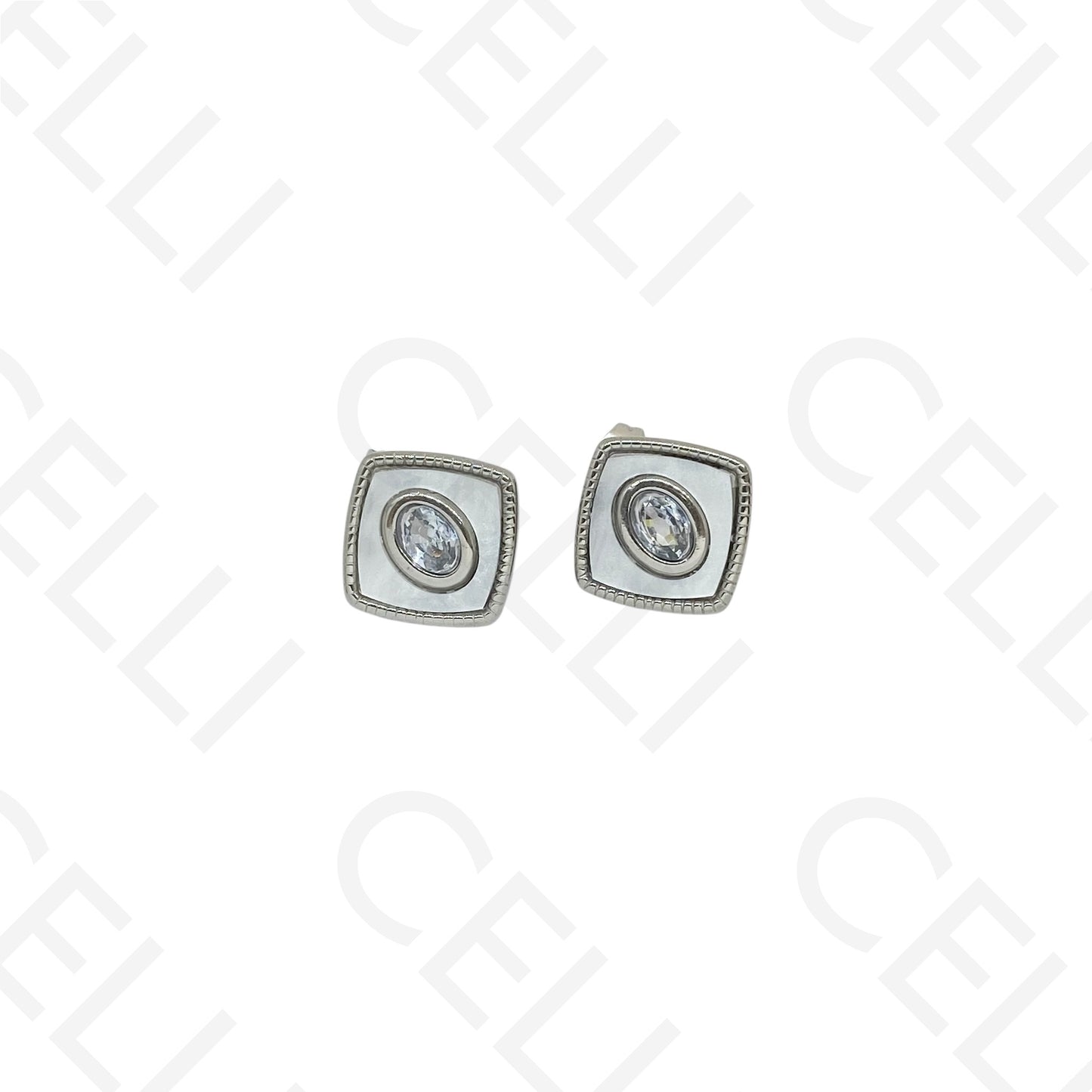 Brinco de aço - quadrado madrepérola com brilhante