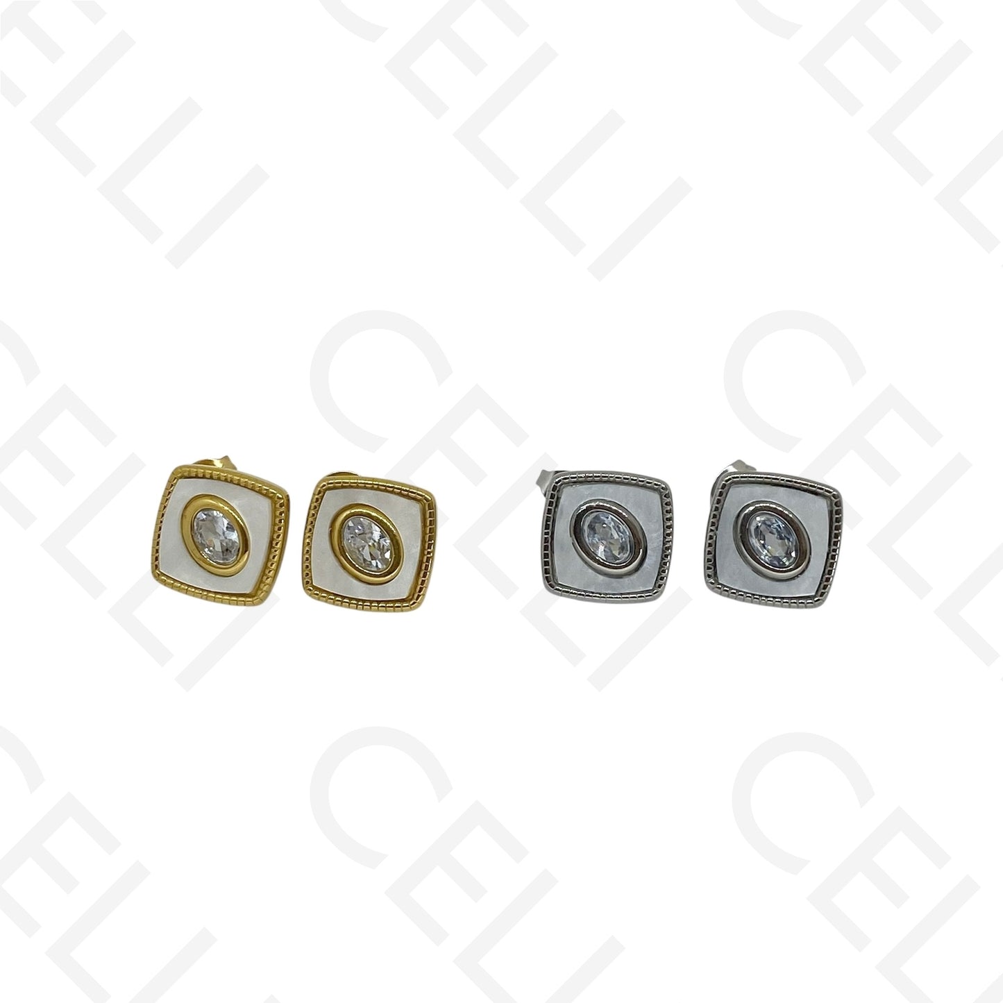 Brinco de aço - quadrado madrepérola com brilhante