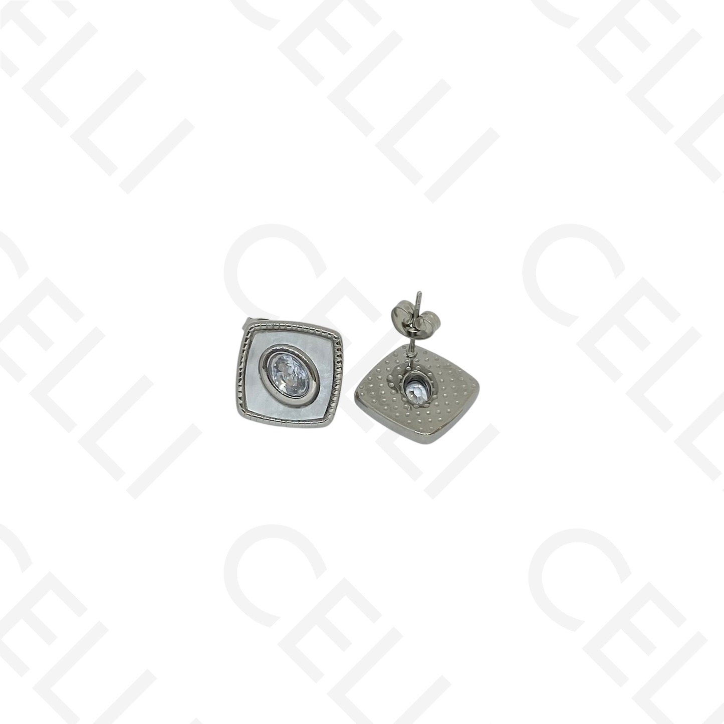 Brinco de aço - quadrado madrepérola com brilhante