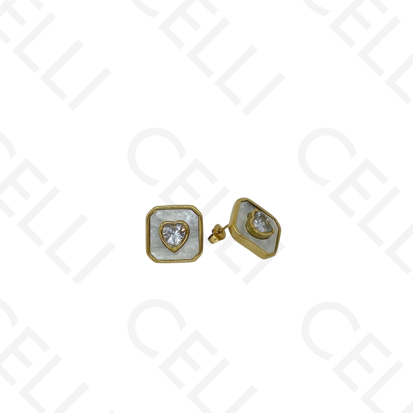 Brinco de aço - quadrado madrepérola com brilhante coração