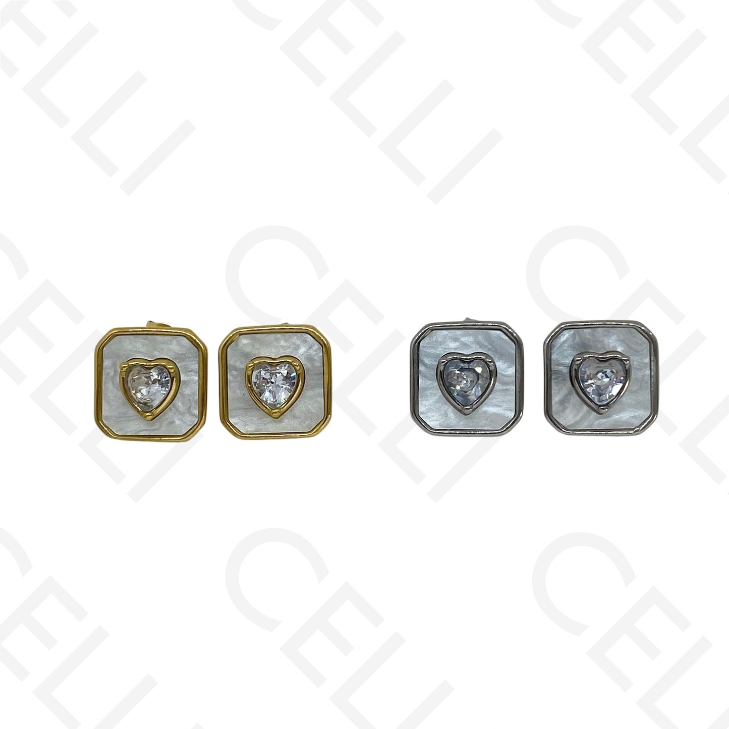 Brinco de aço - quadrado madrepérola com brilhante coração