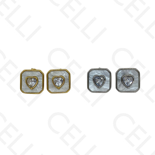 Brinco de aço - quadrado madrepérola com brilhante coração