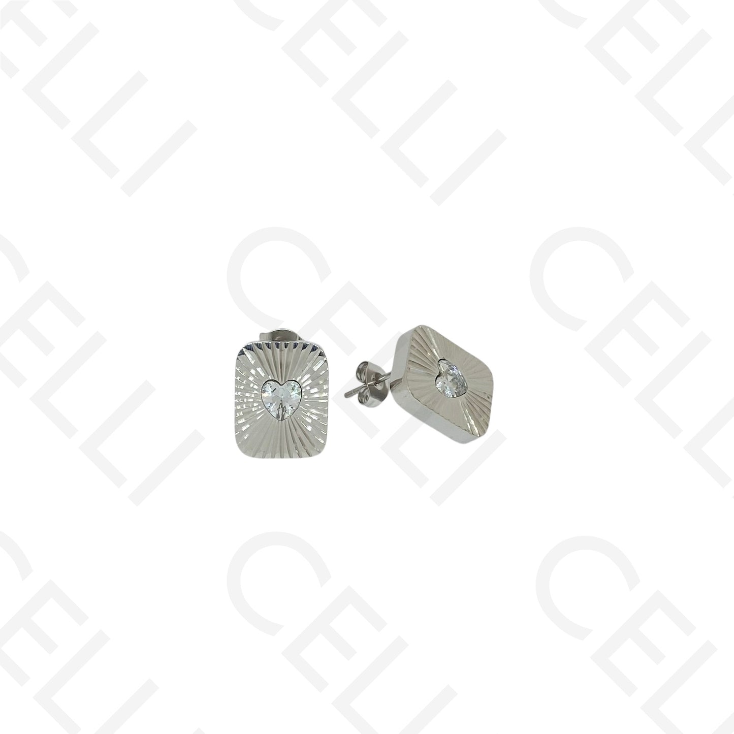 Brinco de aço - rectangular trabalhado com brilhante coração