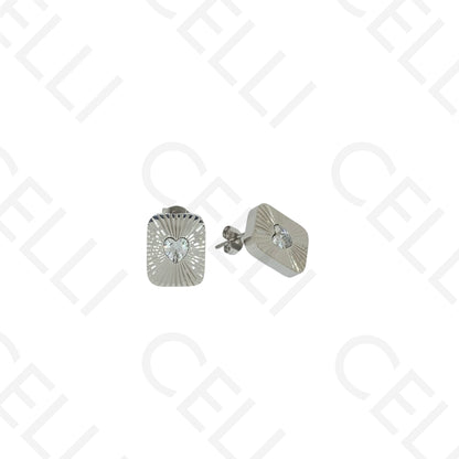 Brinco de aço - rectangular trabalhado com brilhante coração