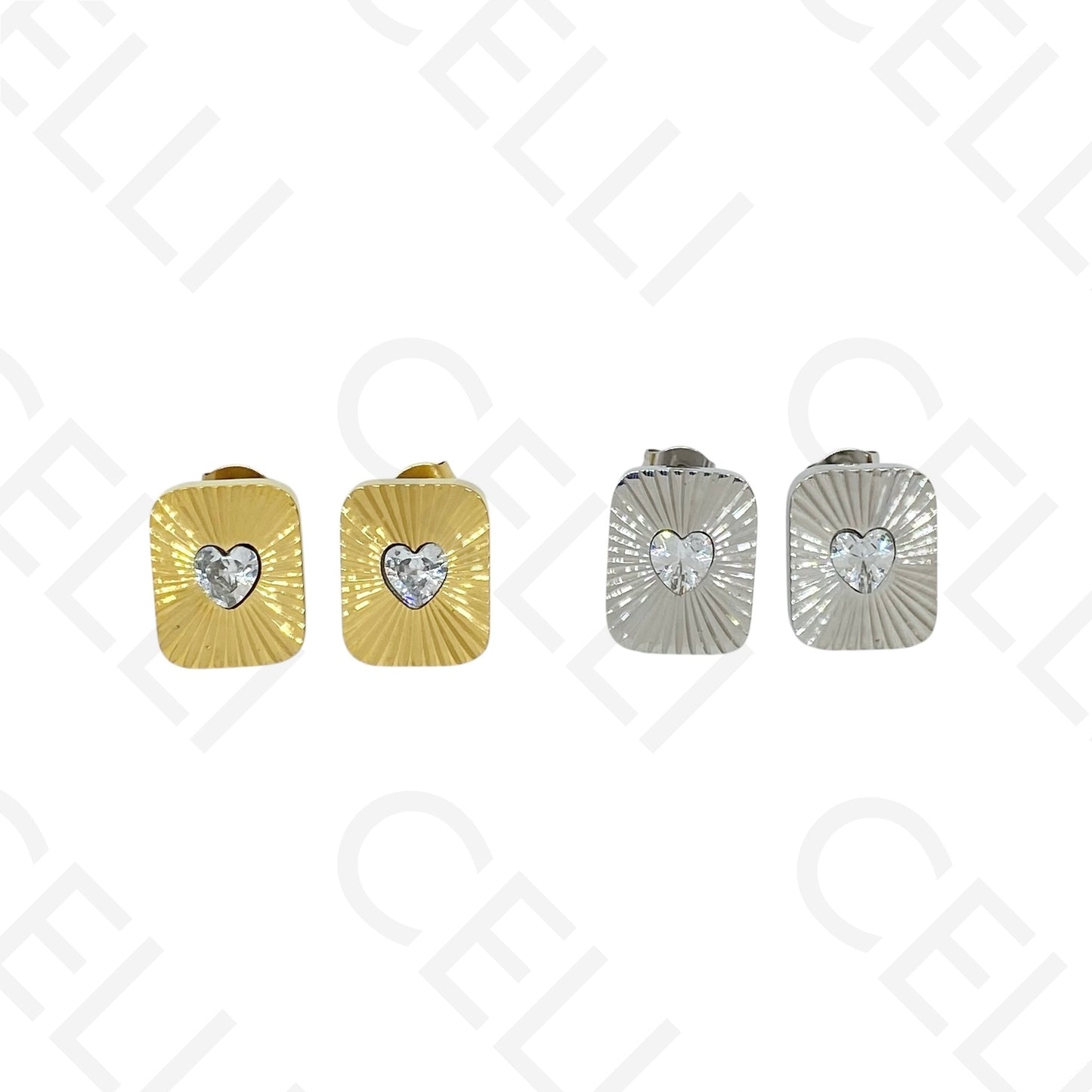 Brinco de aço - rectangular trabalhado com brilhante coração