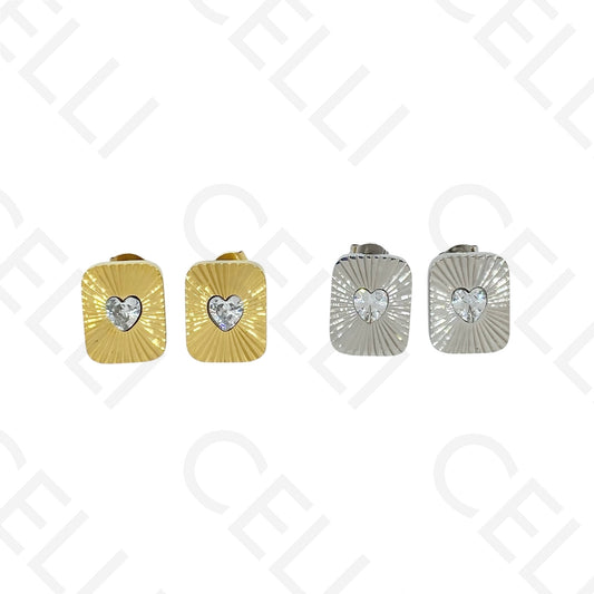 Brinco de aço - rectangular trabalhado com brilhante coração