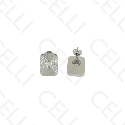 Brinco de aço - rectangular trabalhado com brilhante coração