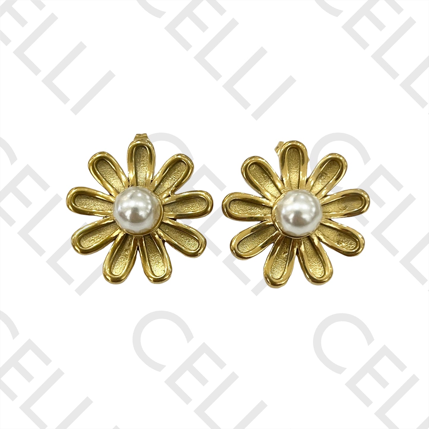 Steel Earring - detailed flower with pearl