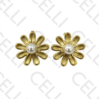Steel Earring - detailed flower with pearl