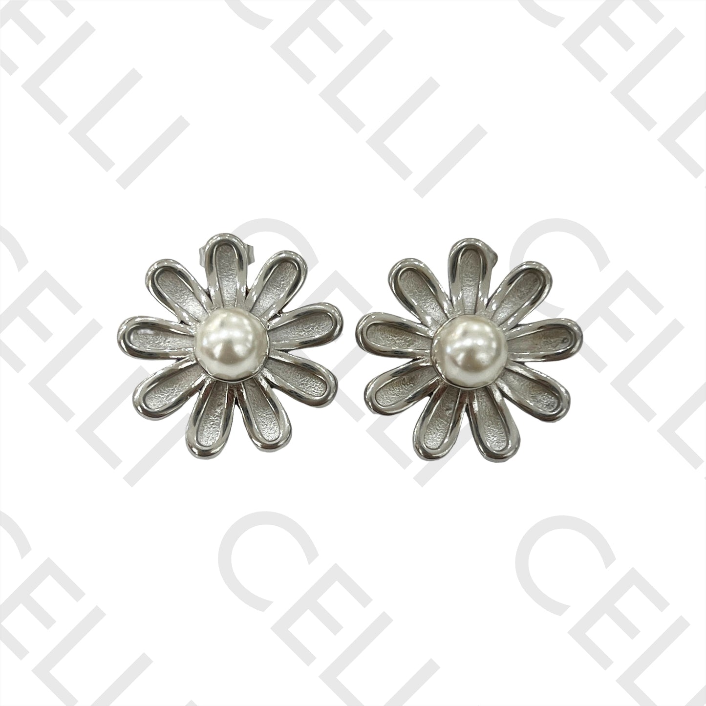 Steel Earring - detailed flower with pearl