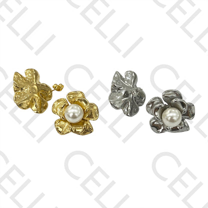 Steel Earring - detailed flower with pearl