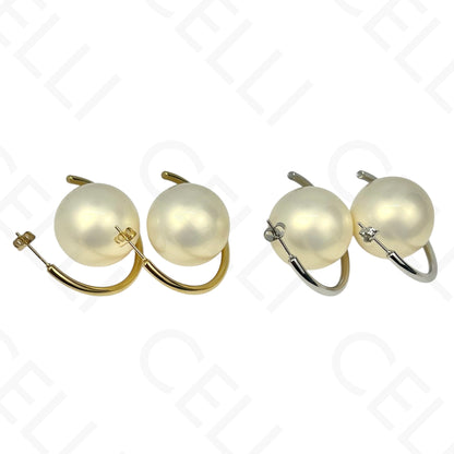 Pendientes de acero - media argolla con perla grande