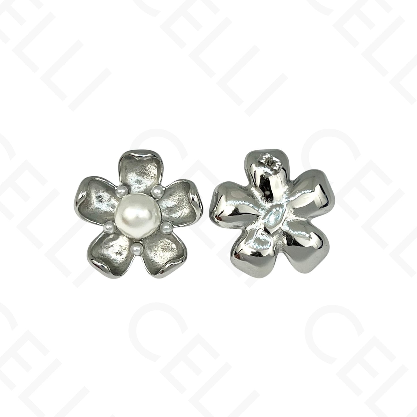 Brinco de aço - flor com pérola