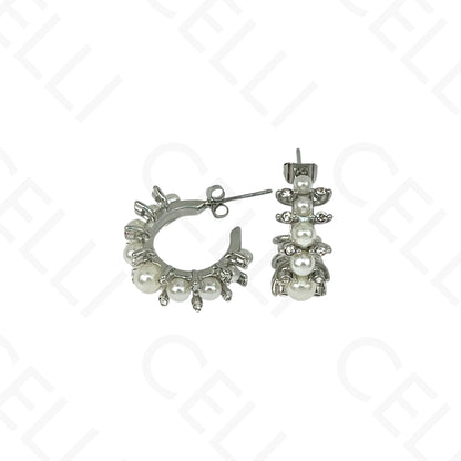 Brinco de aço - meia argola com pérolas e brilhantes