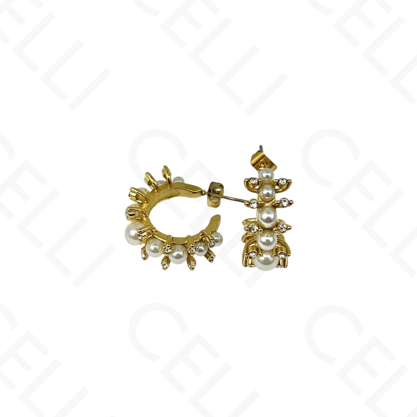 Brinco de aço - meia argola com pérolas e brilhantes