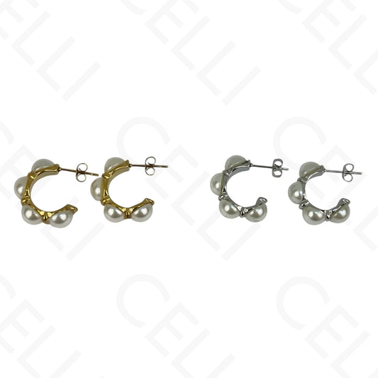 Brinco de aço - meia argola 4 pérolas