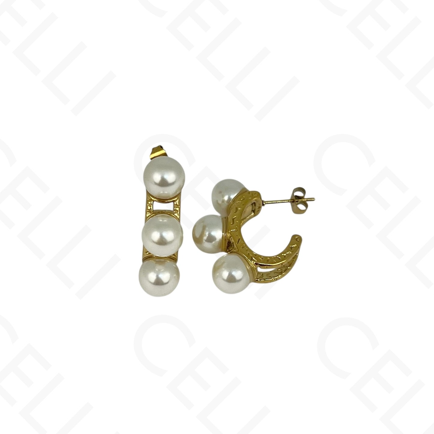 Brinco de aço - meia argola 3 pérolas