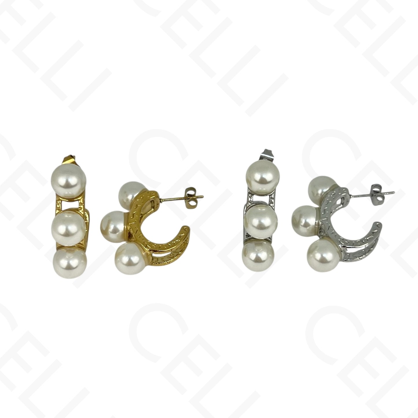 Brinco de aço - meia argola 3 pérolas