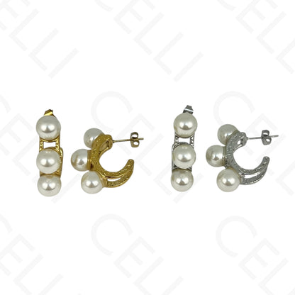 Brinco de aço - meia argola 3 pérolas