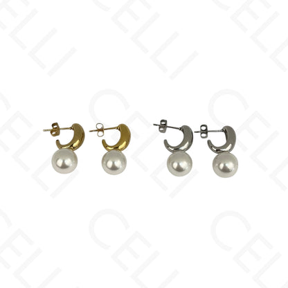 Brinco de aço - meia argola com pérola