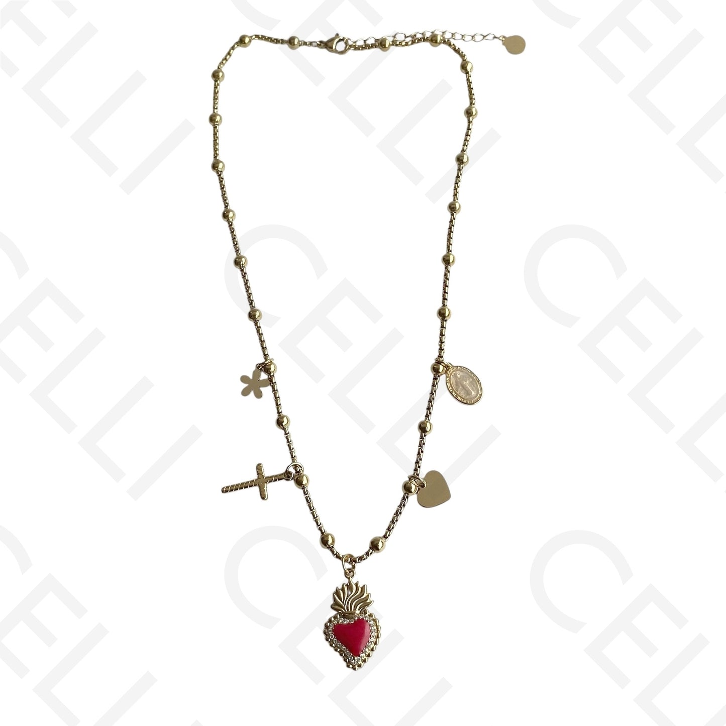 Colar de aço - coração esmaltado com brilhantes