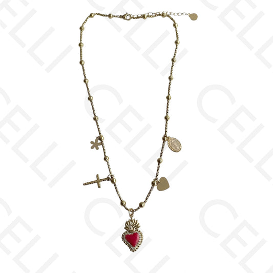 Colar de aço - coração esmaltado com brilhantes