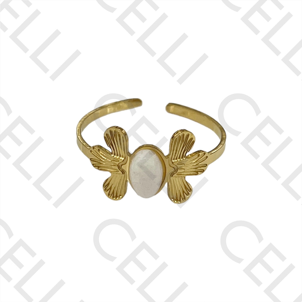 Anillo de Acero - Flor con piedra natural blanca