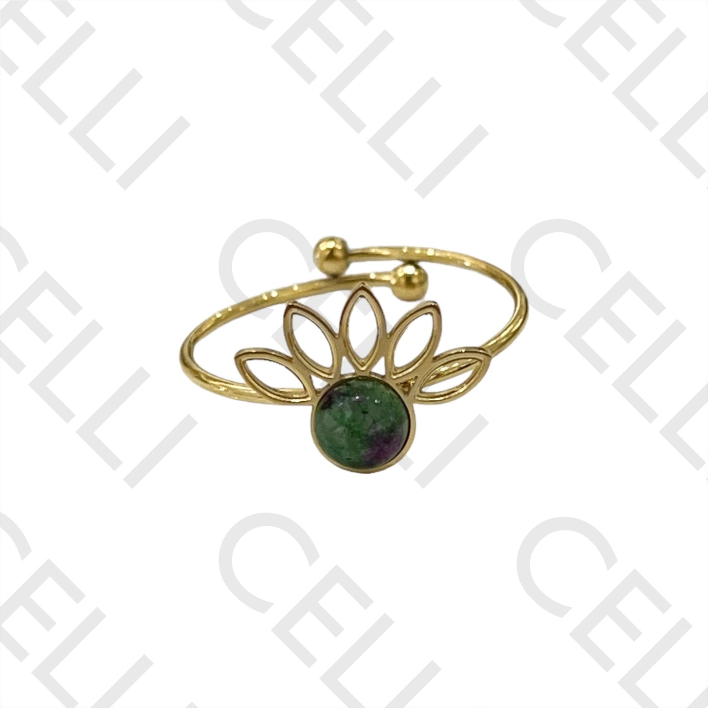 Steel Ring - Lotus Flower with Natural Stone