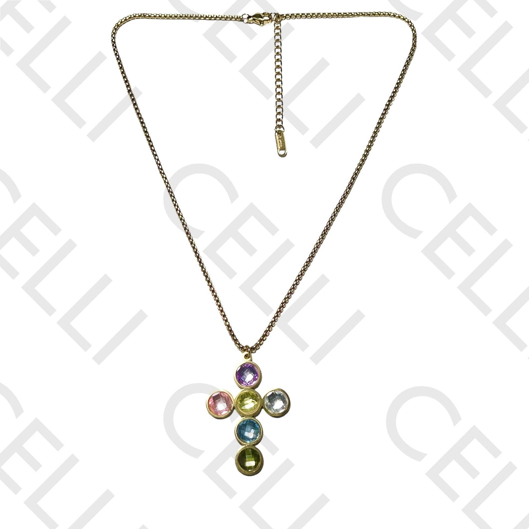 Collar de acero - cruz con diamantes de colores