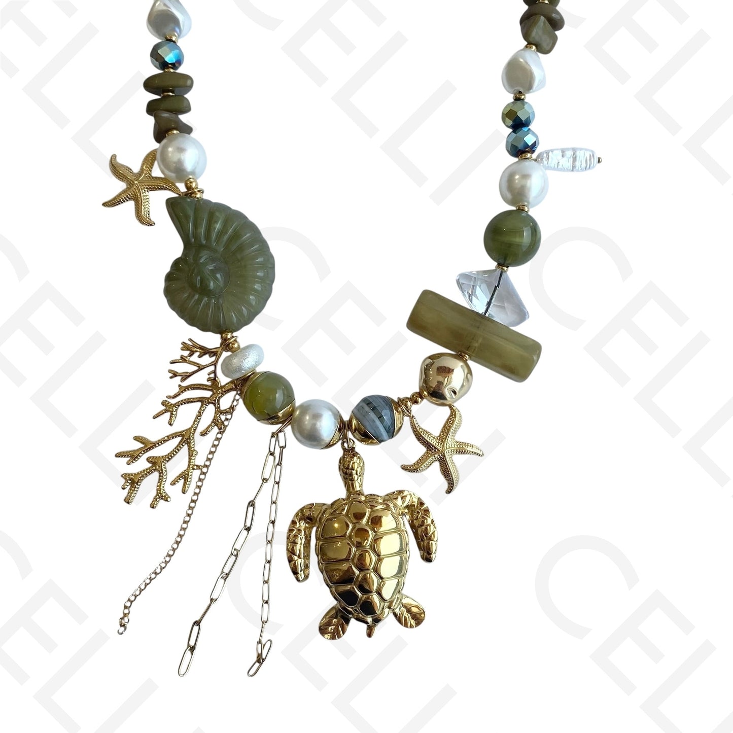 Colar de aço - pendente tartaruga e estrela do mar
