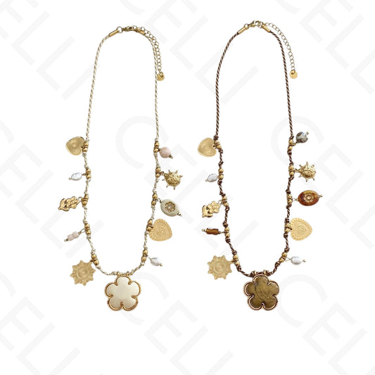 Colar de aço - fio de algodão, multi pendentes, flor