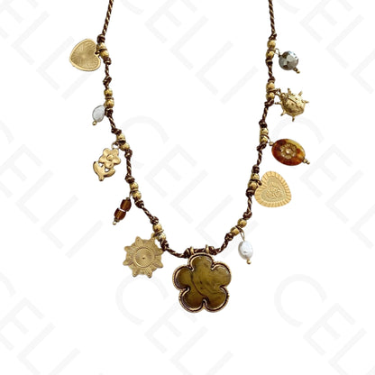 Colar de aço - fio de algodão, multi pendentes, flor