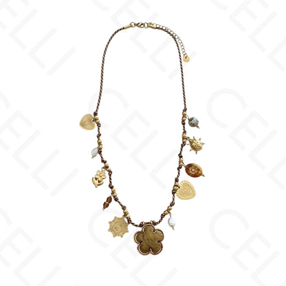 Colar de aço - fio de algodão, multi pendentes, flor