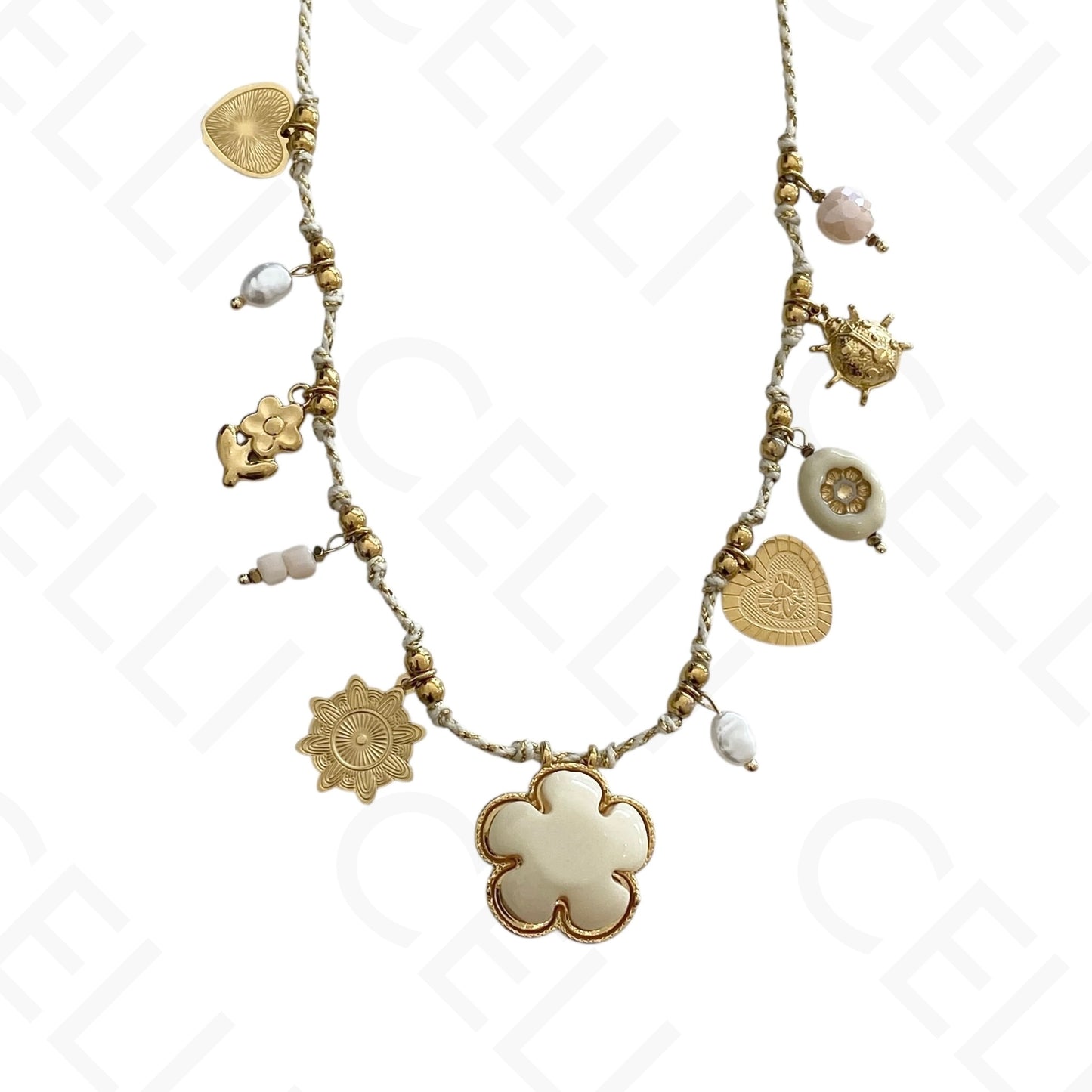 Colar de aço - fio de algodão, multi pendentes, flor