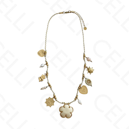 Colar de aço - fio de algodão, multi pendentes, flor